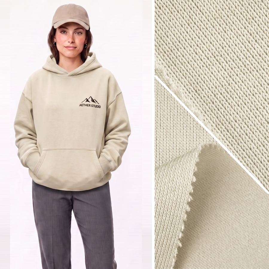 Cotton Bonded Fabric | Face: 69.3% Cotton / 30.7% Polyester | Back: 93.5% Polyester / 6.5% Spandex | 320-340GSM | 185cm